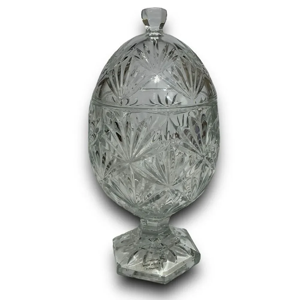 Teleflora Crystal Egg Shaped Pedestal Candy Dish with Lid Jewelry Trinket Dish